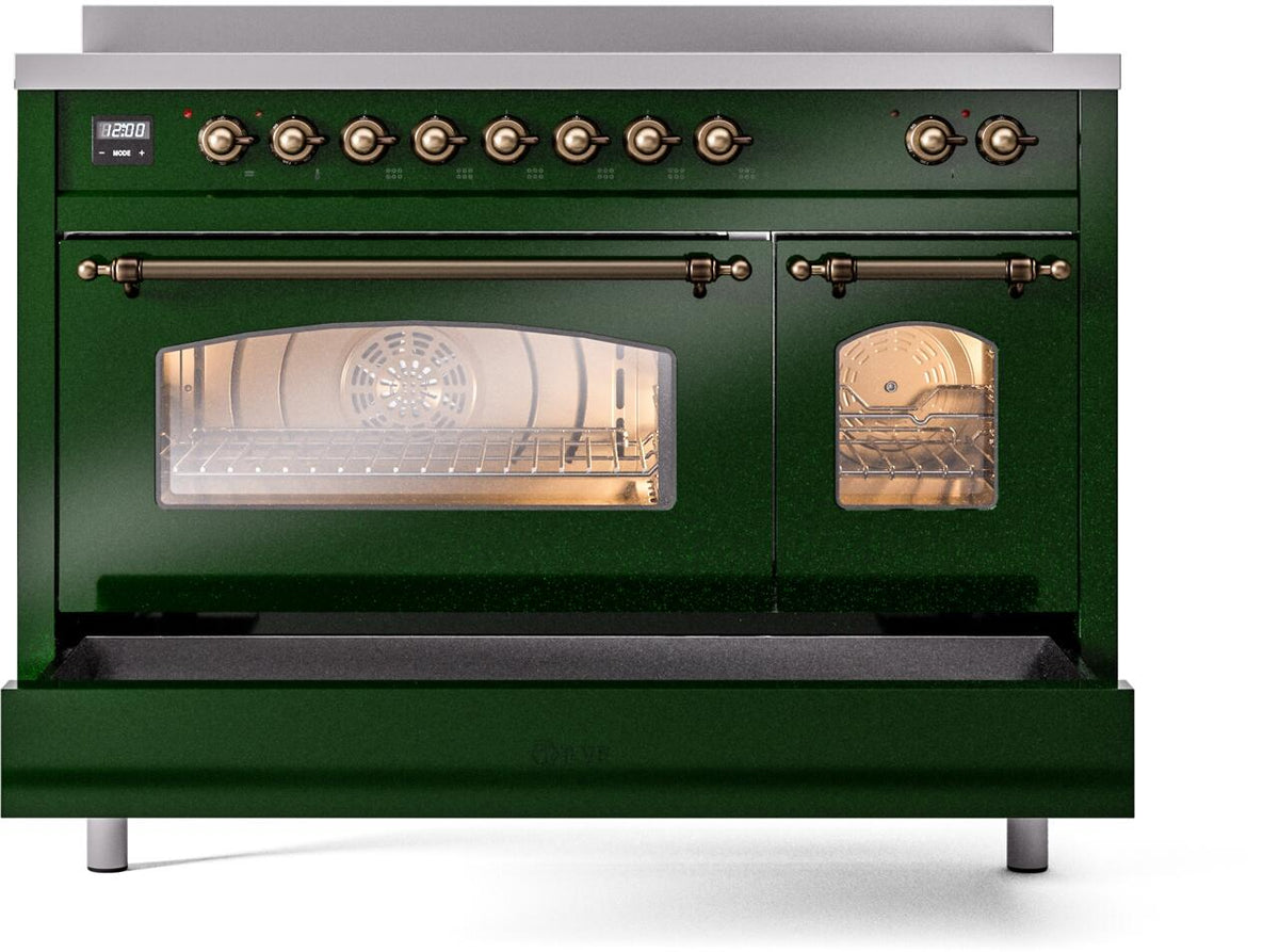 Emerald green induction range front view with closed oven door and bronze accents