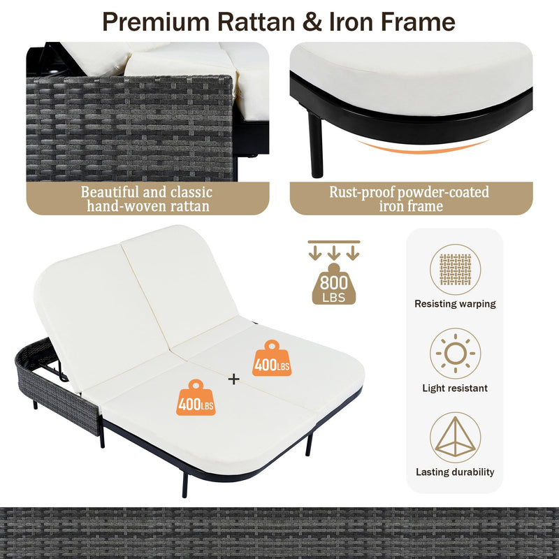 Parrot Uncle Outdoor Patio Rattan Daybed with 5-Position Adjustable Backrest, Removable Cushions & Pillows for Garden, Backyard, Poolside