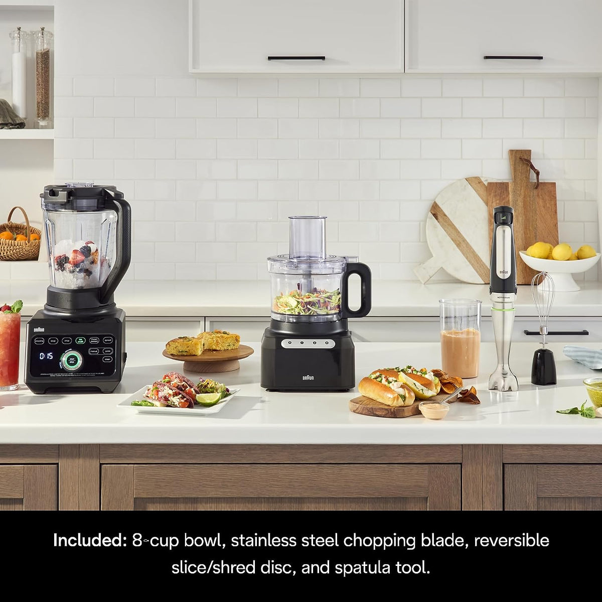 Braun Easy Prep food processor on kitchen counter with prepared dishes and ingredients