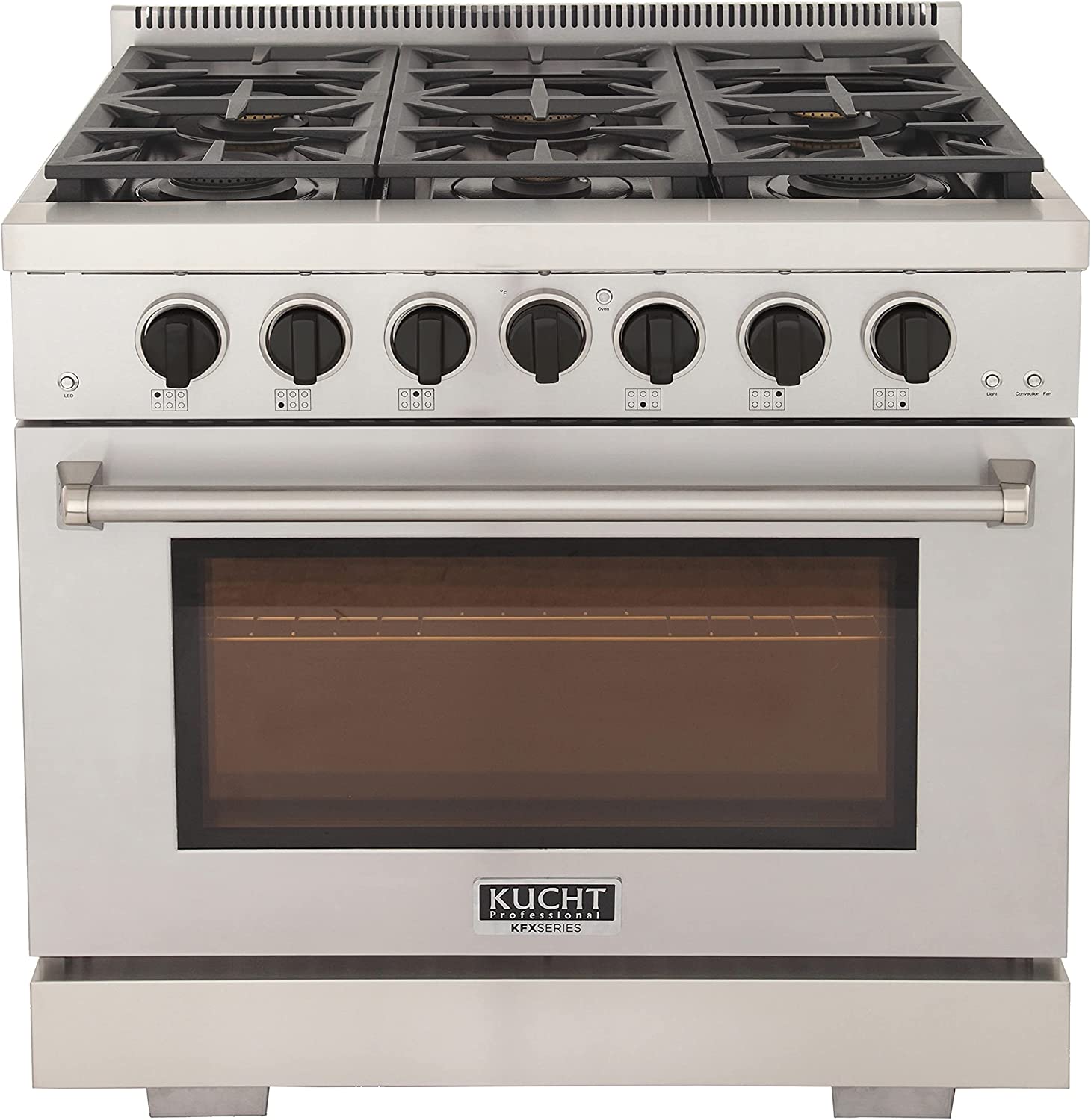 Stainless steel 36-inch propane gas range with black knobs and oven window