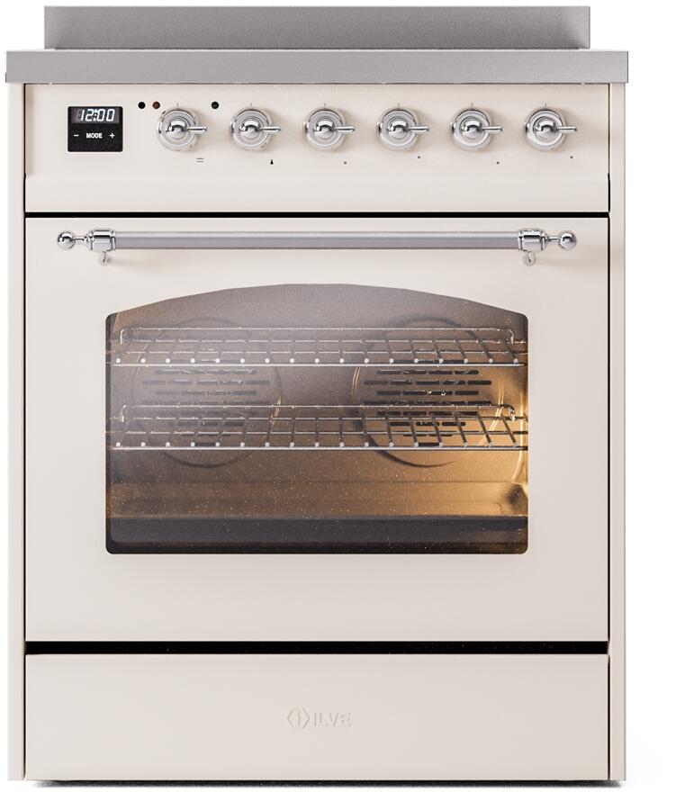 Antique white freestanding electric induction range with chrome oven handle and control knobs