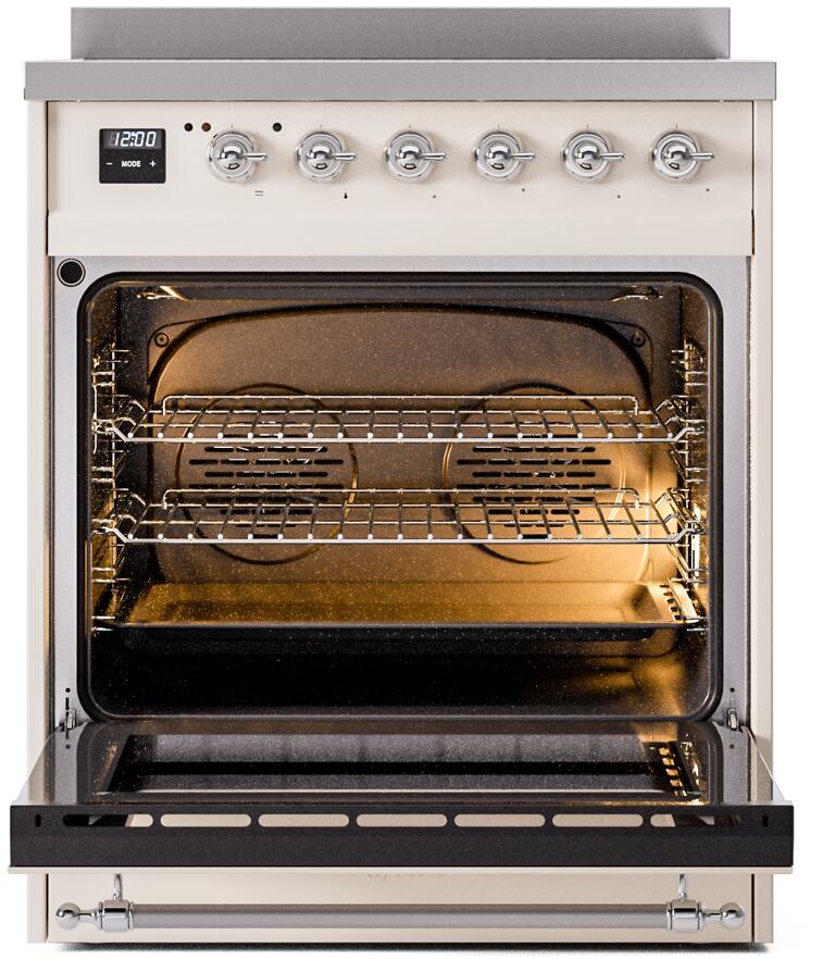 Freestanding range with open oven door, visible racks and heating element inside
