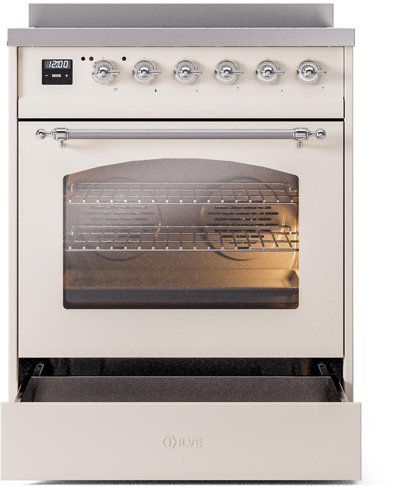 Antique white range with open oven door and chrome handle, control panel above