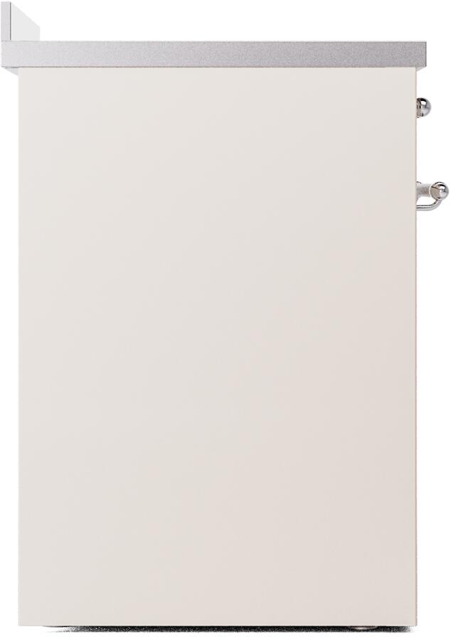 Antique white side panel of freestanding electric range with chrome handle hardware
