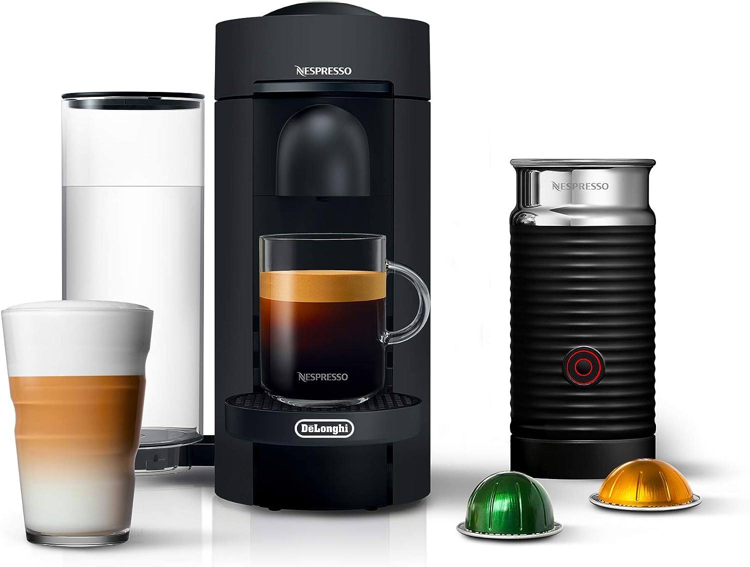 Black Nespresso VertuoPlus coffee machine with Aeroccino milk frother and cups