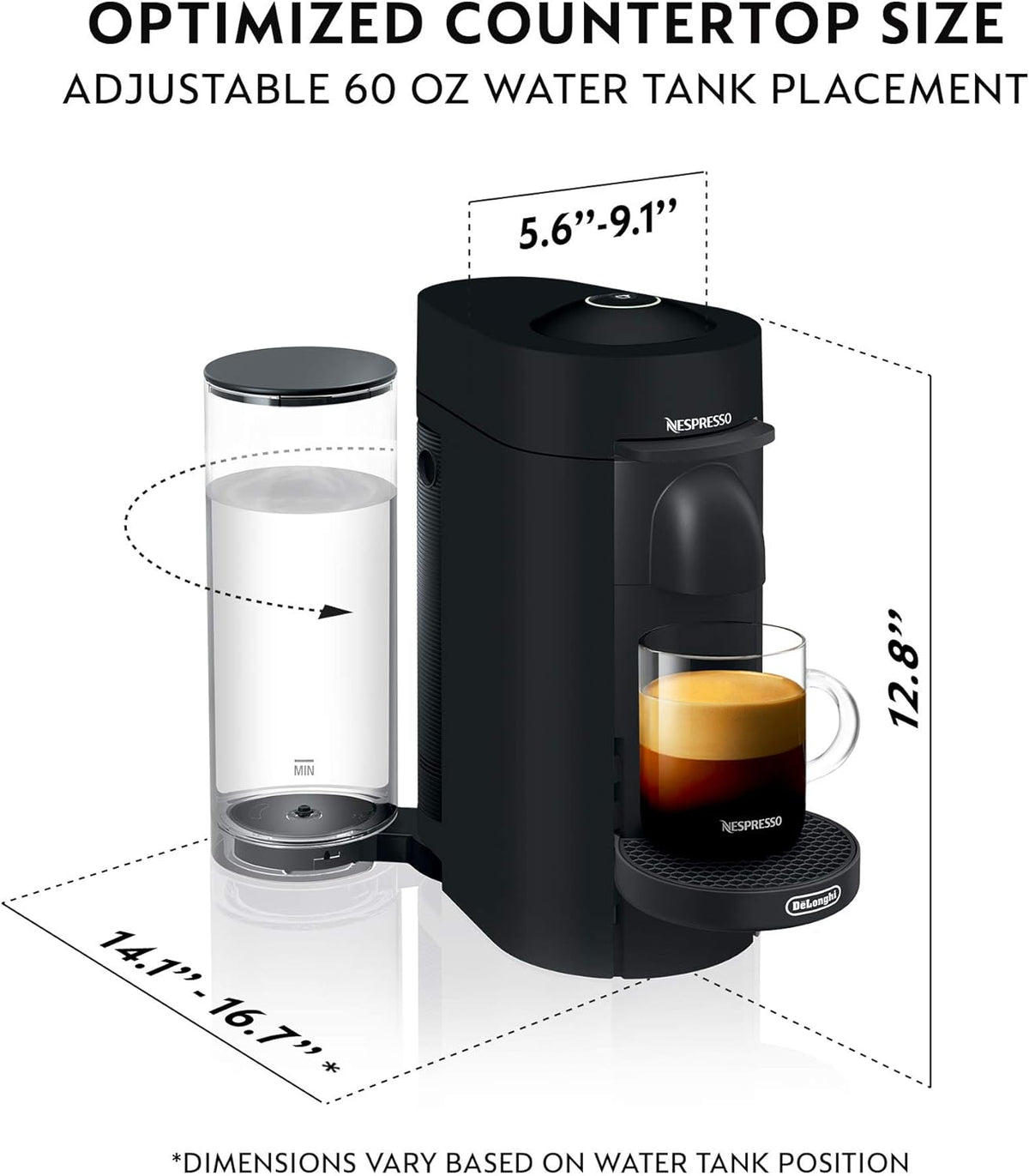 Black Nespresso VertuoPlus coffee machine with compact countertop footprint