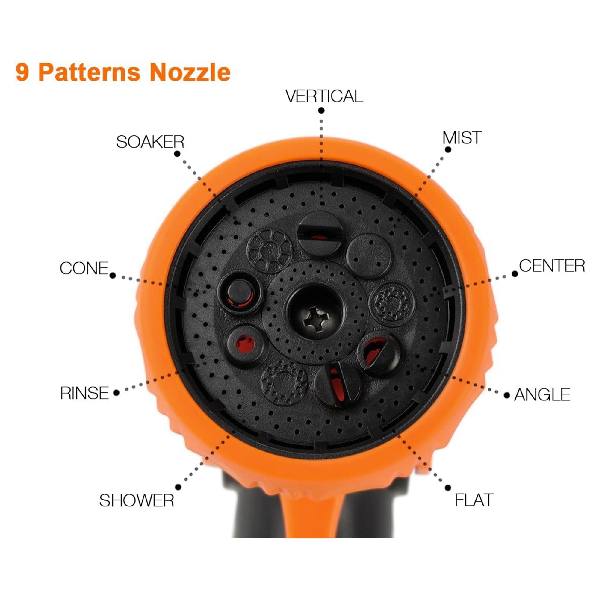 Front view of orange 9-pattern garden hose nozzle with selectable spray ports
