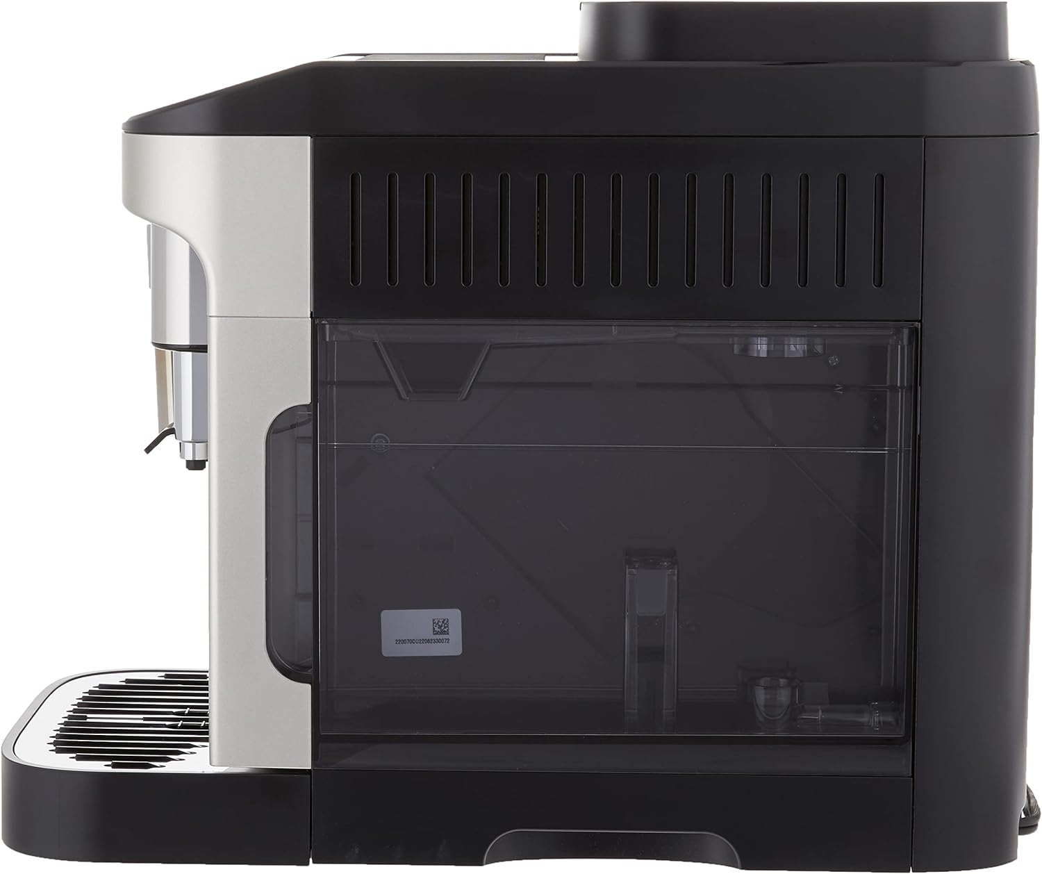 De'Longhi Magnifica Evo coffee machine side view with open transparent maintenance door