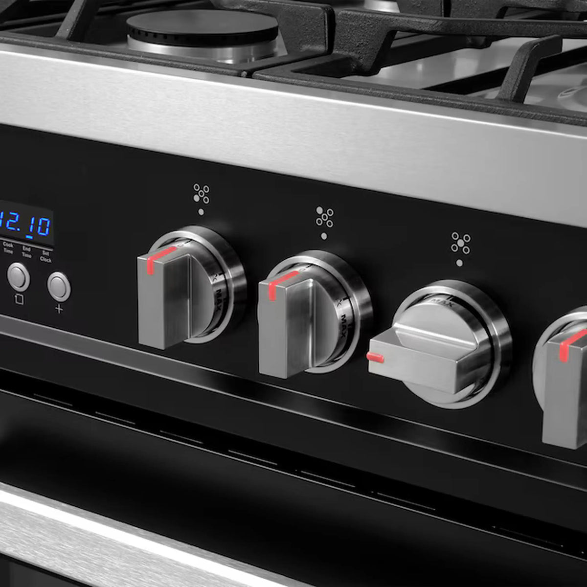 Matte black gas range control panel with stainless burner knobs and icons