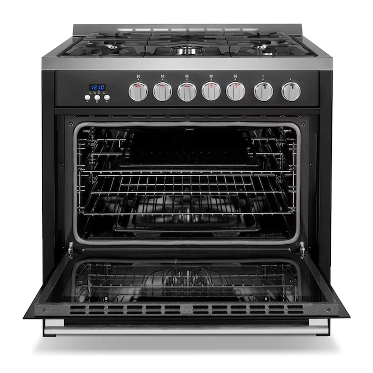 Matte black convection oven with open door, empty racks, and interior heating elements