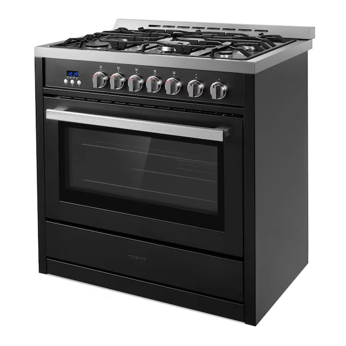 Matte black 36-inch gas range with five-burner cooktop and oven window