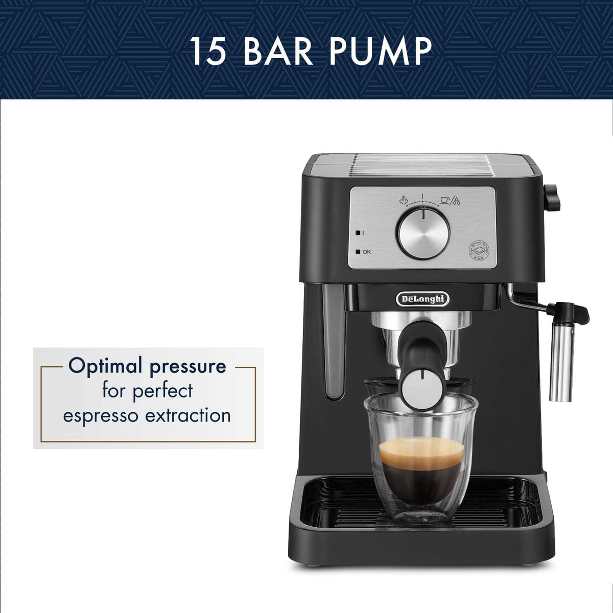 De'Longhi Stilosa espresso machine front view with control dial and drip tray