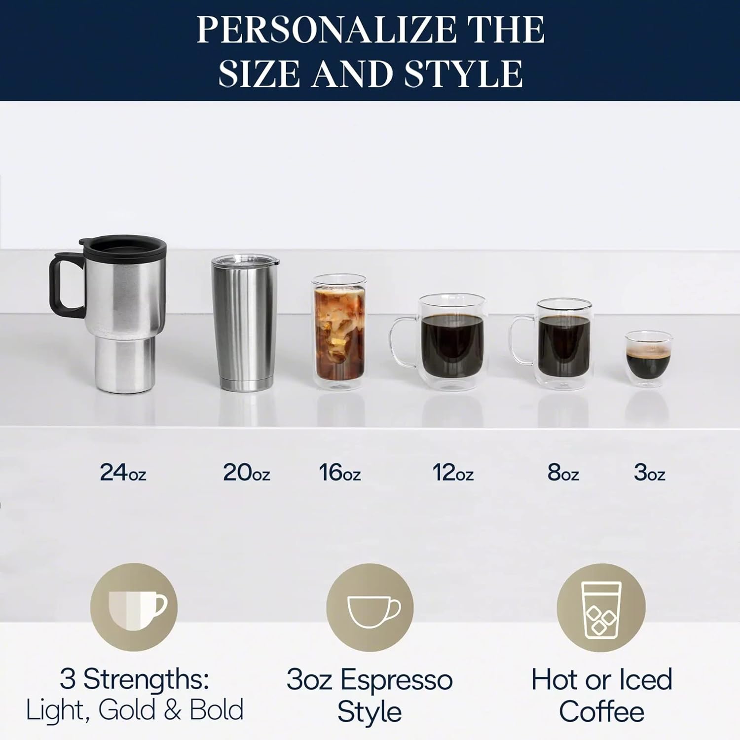 Coffee maker accessories set with cups showing brew volumes: 24oz to 3oz