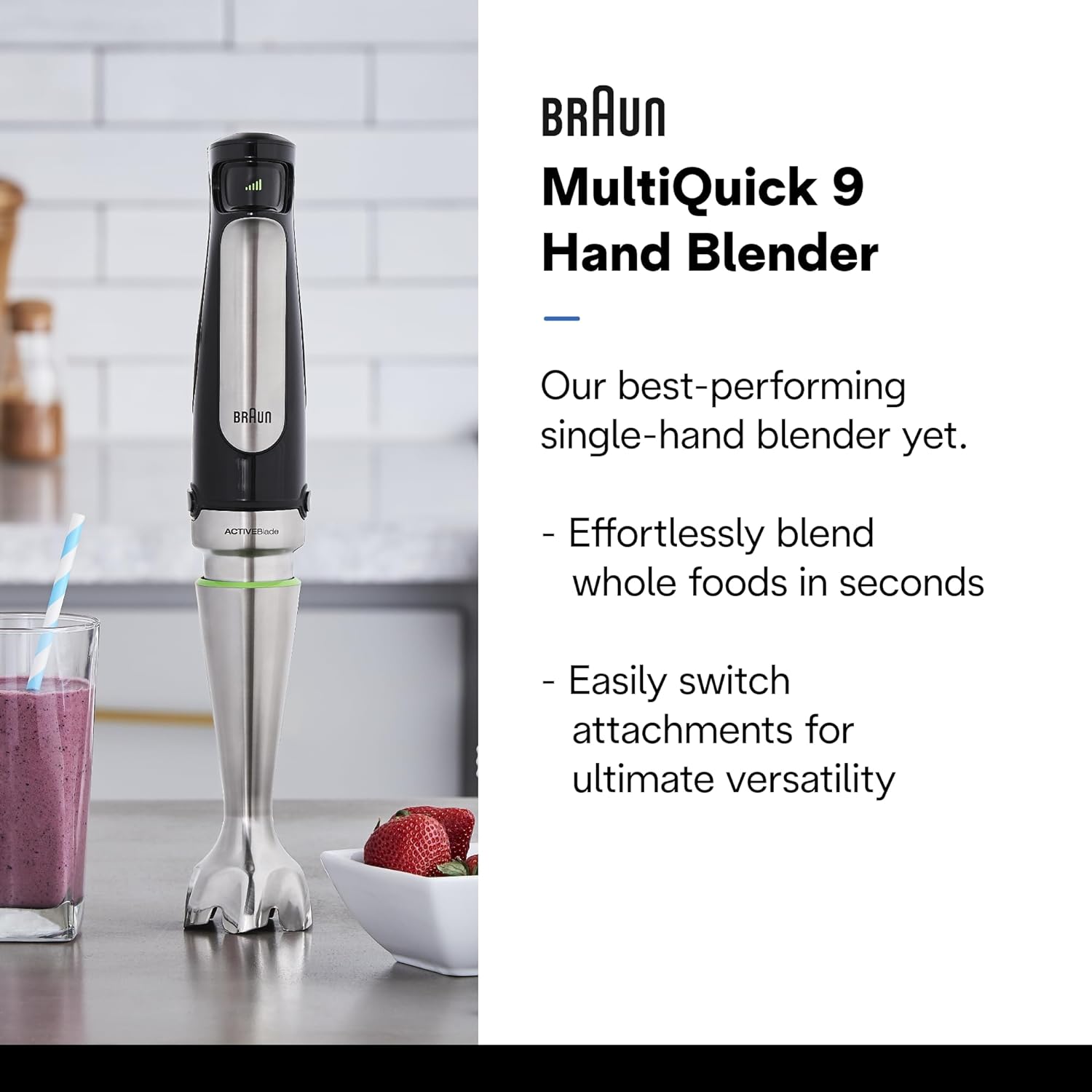 Braun MultiQuick 9 hand blender with blending shaft and countertop stand setup.