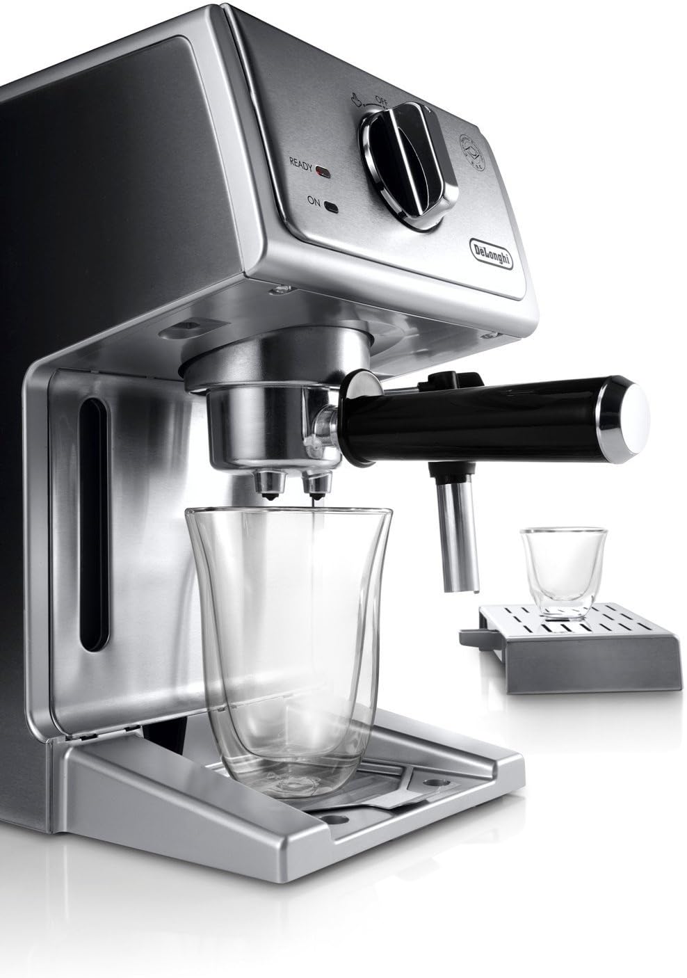 De'Longhi espresso machine with transparent carafe and drip tray