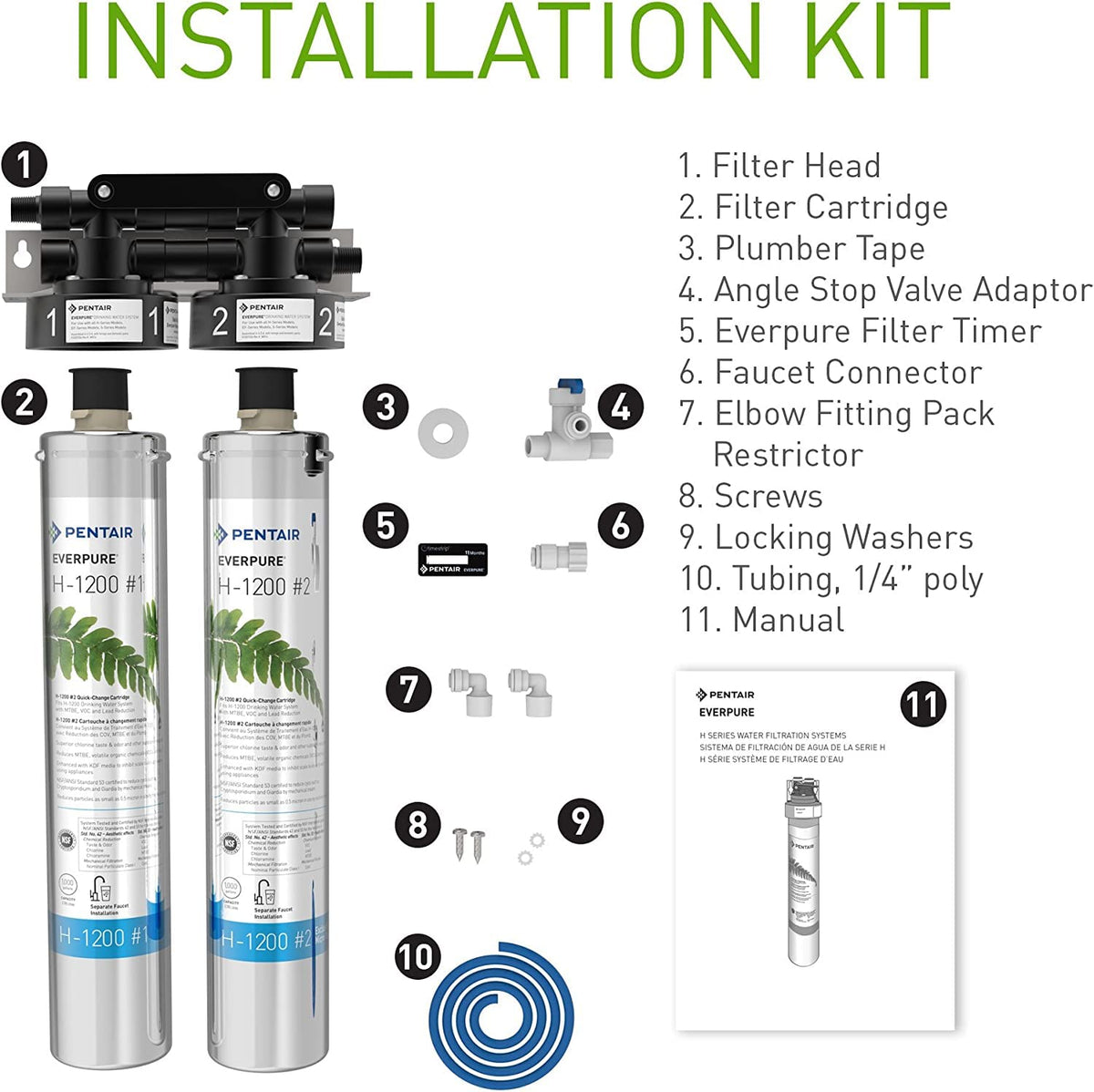 Pentair Everpure H-1200 installation kit parts diagram with filter head, cartridges, fittings