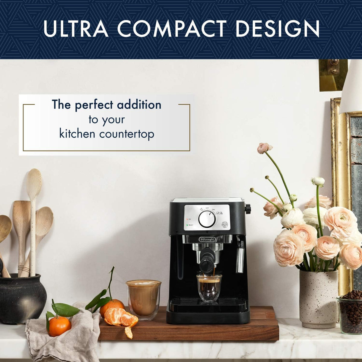 Compact De'Longhi Stilosa espresso machine with steam wand and portafilter spout