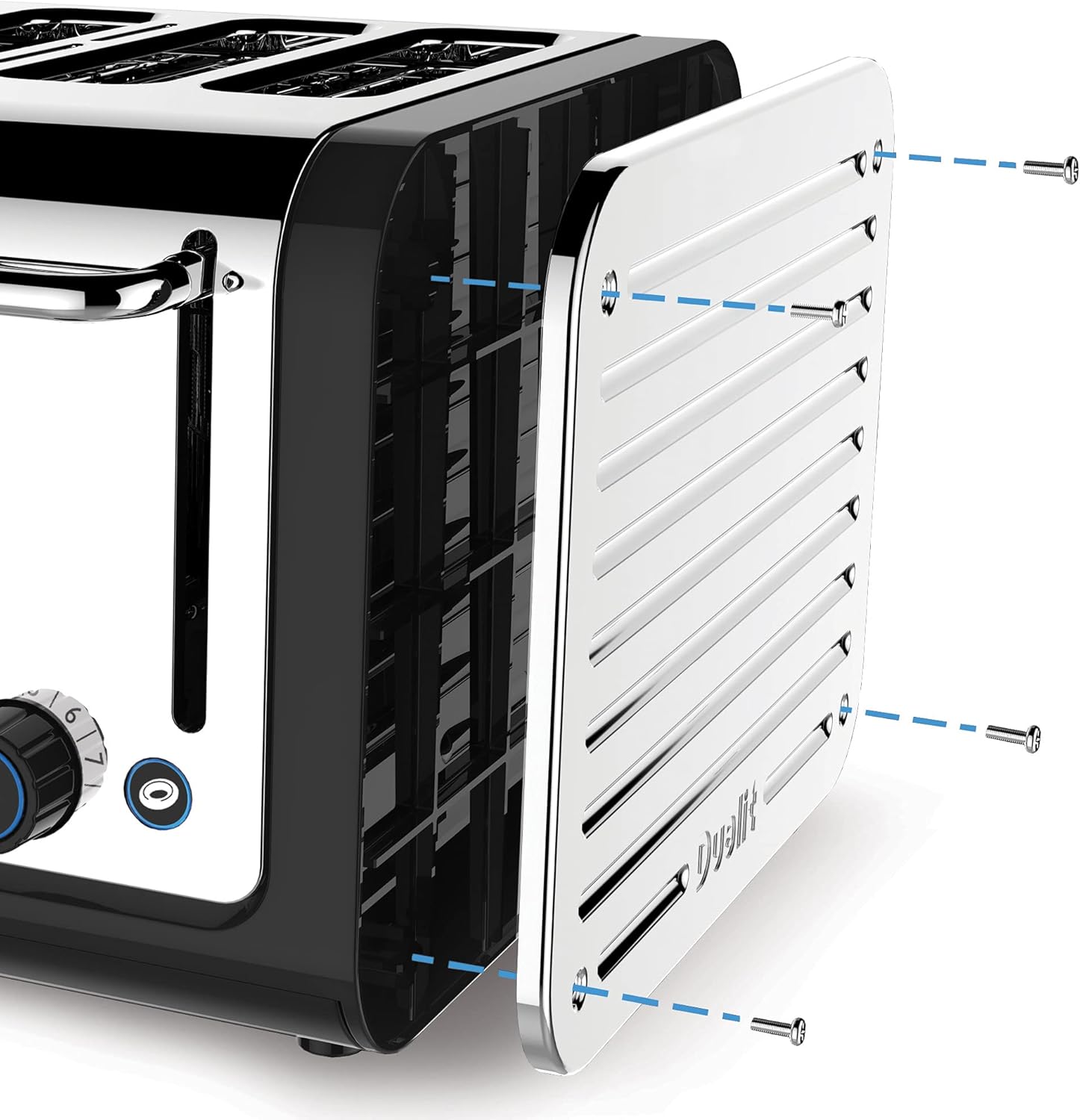 Dualit 2-slice toaster with side panel open, showing interior heating areas