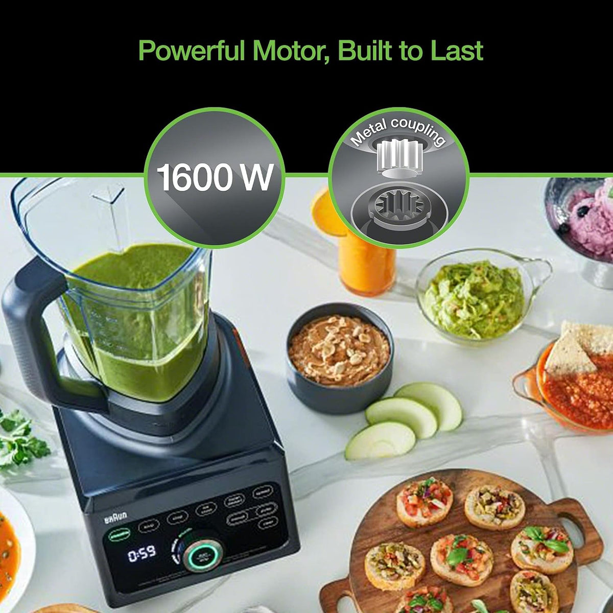 Black countertop power blender base with blending jar and digital control display