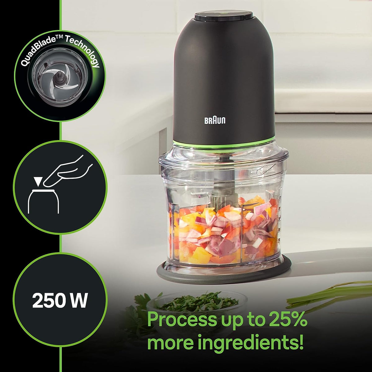 Black Braun mini food chopper with clear jar and quadblade rotor detail