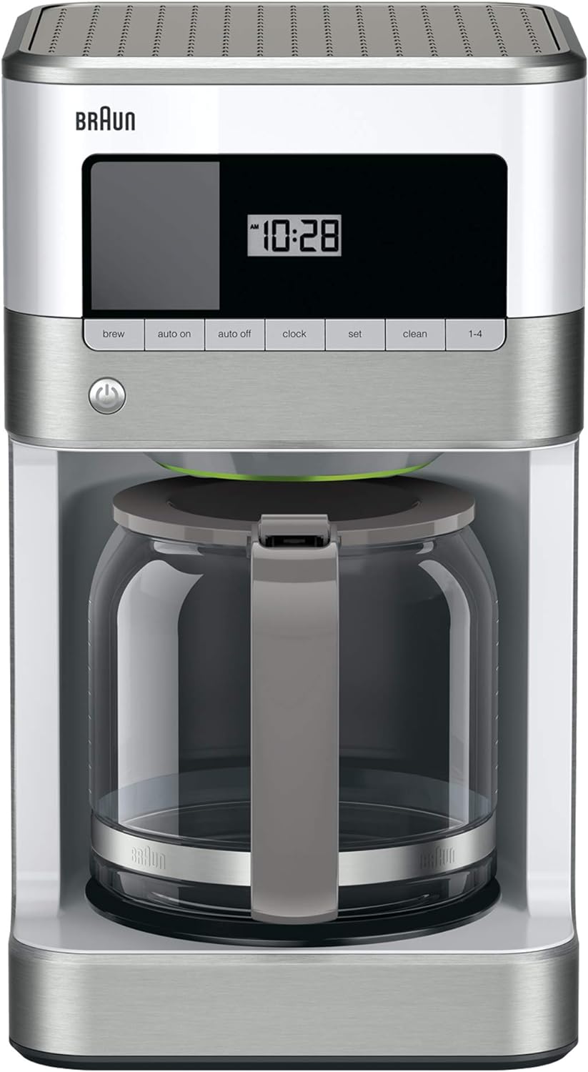 12-cup drip coffee maker with stainless steel and white housing, glass carafe and handle visible