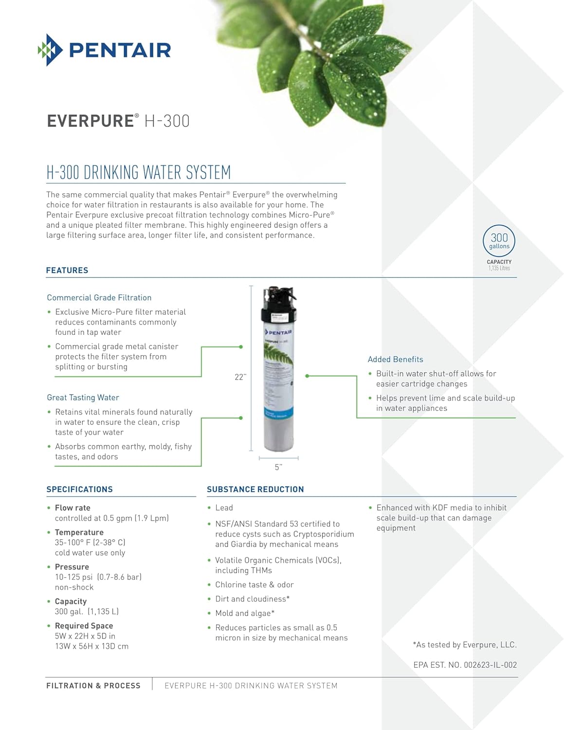 Everpure H-300 drinking water system product info sheet with diagram and specifications