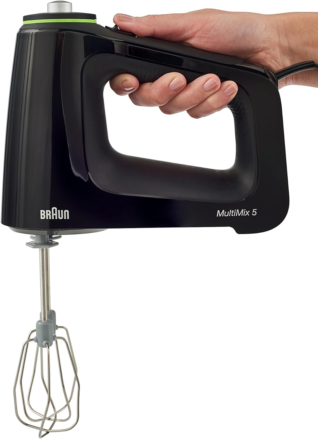 Black Braun hand mixer held in hand, with whisk beaters attached