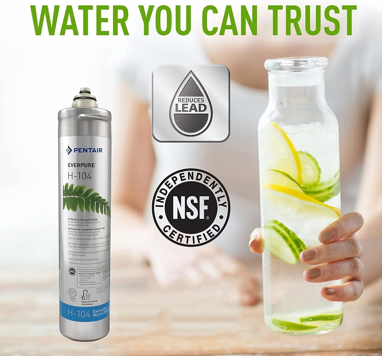 Everpure H-104 cartridge with water glass and NSF-certified water drop badge