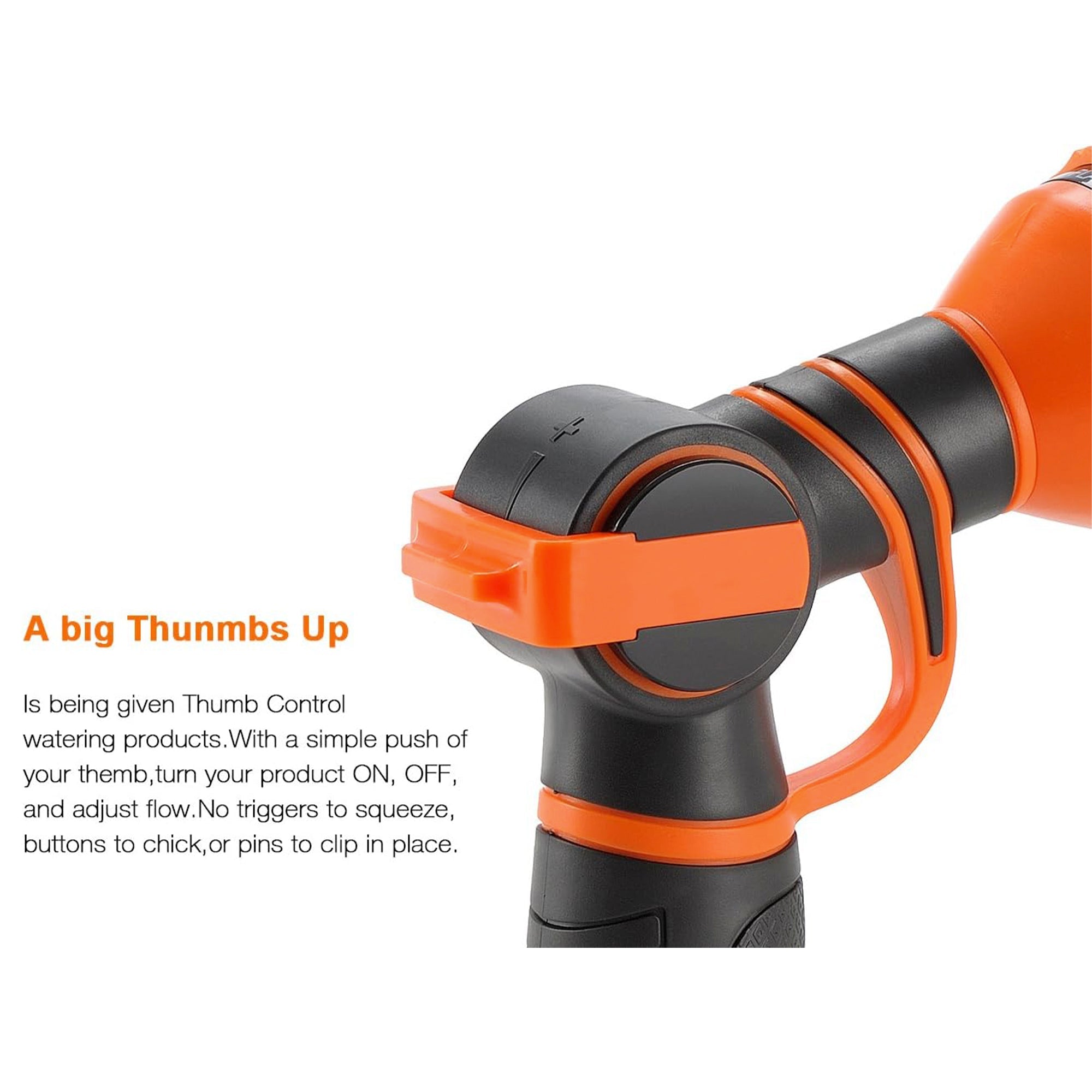 Orange-and-black hose nozzle with thumb control lever and textured grip