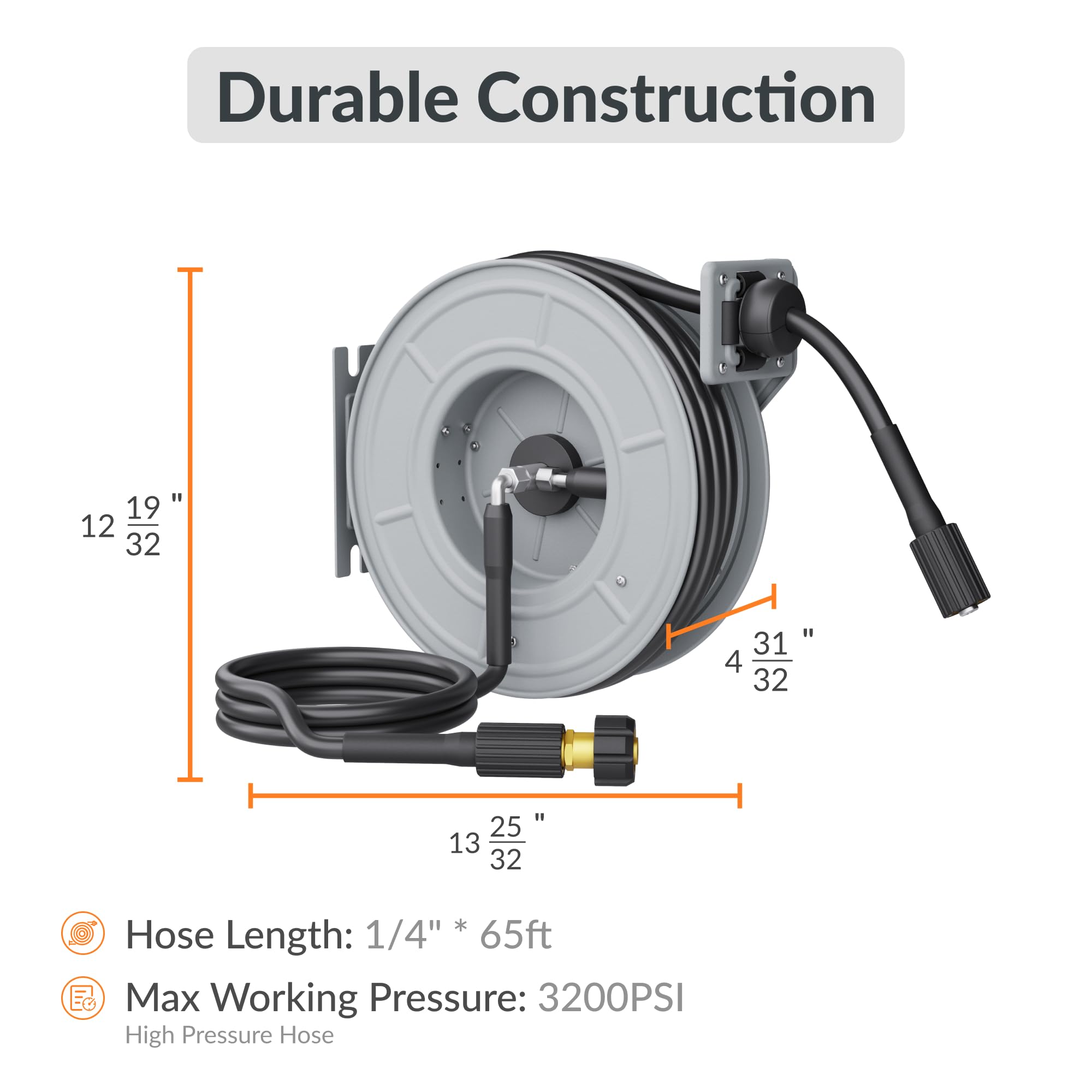 Retractable pressure hose reel with mounted gray drum and black hose, size callouts