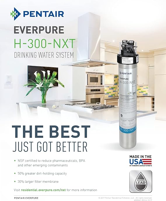 Pentair Everpure H-300-NXT Drinking Water System, 300 Gallon Capacity, Reduces Chlorine Taste & Odor, Lead, VOCs, Sediment, NSF Certified, Made in USA (EV927151)