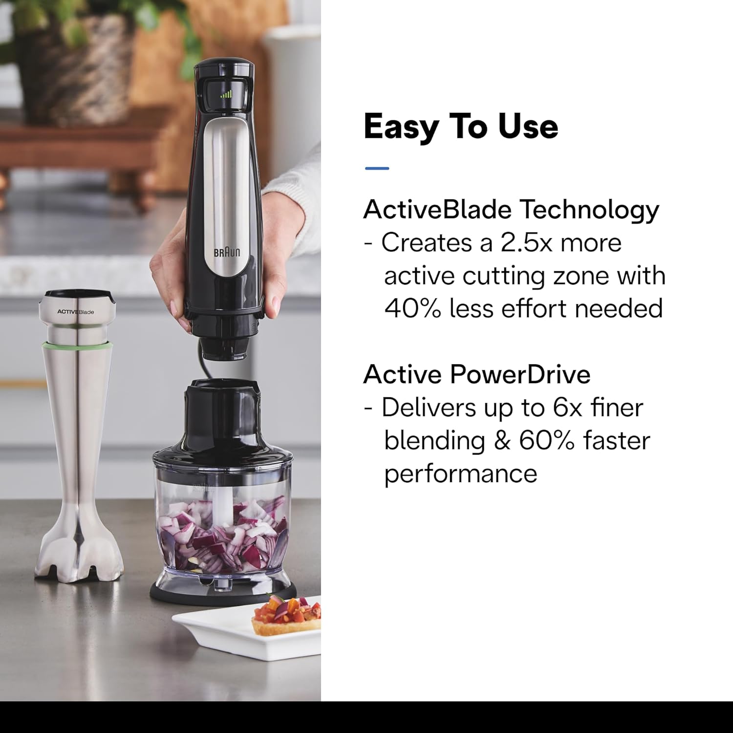 Hand blender with black handle and clear chopper cup, next to mixing attachments