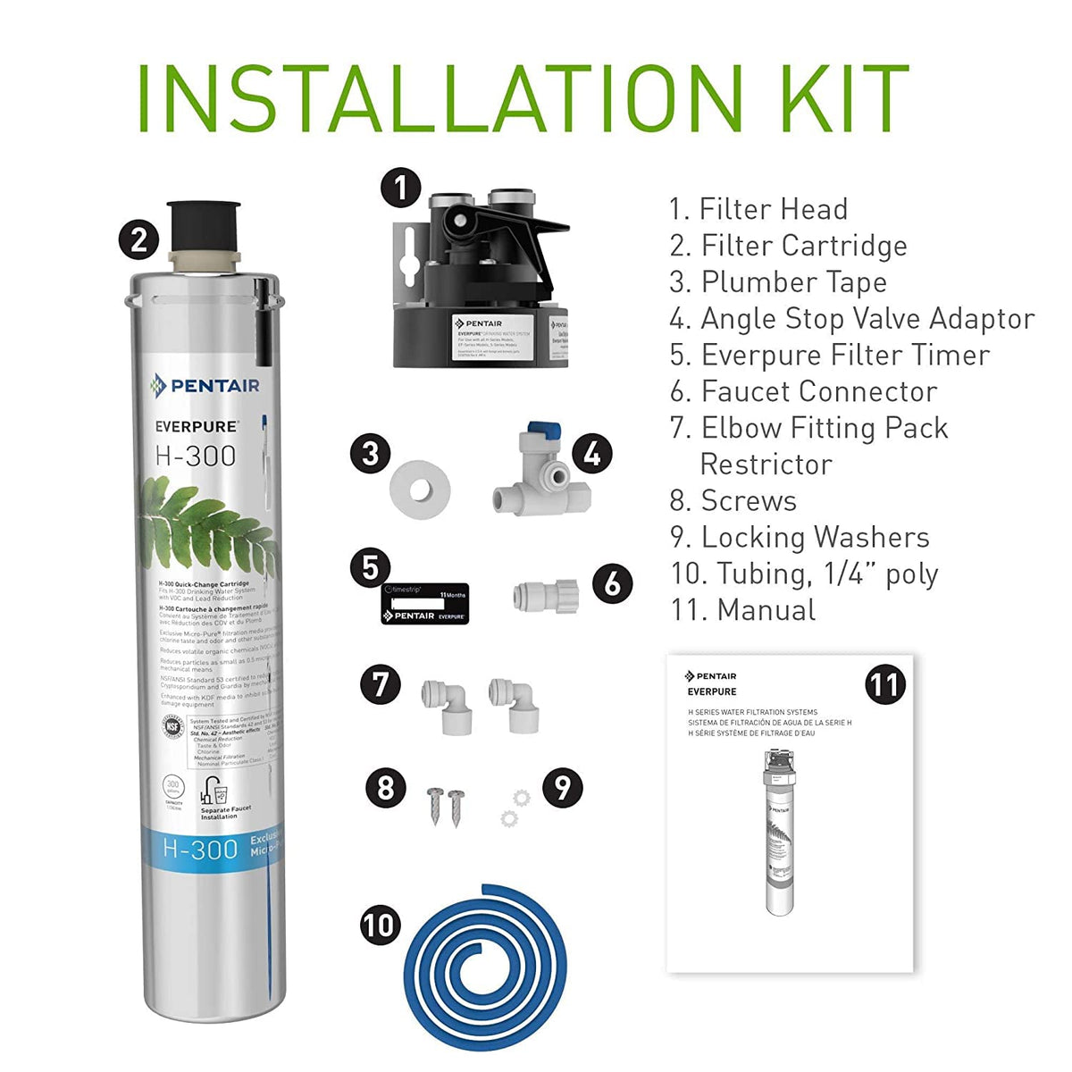Drinking water filtration cartridge with installation parts kit, 300-gallon capacity