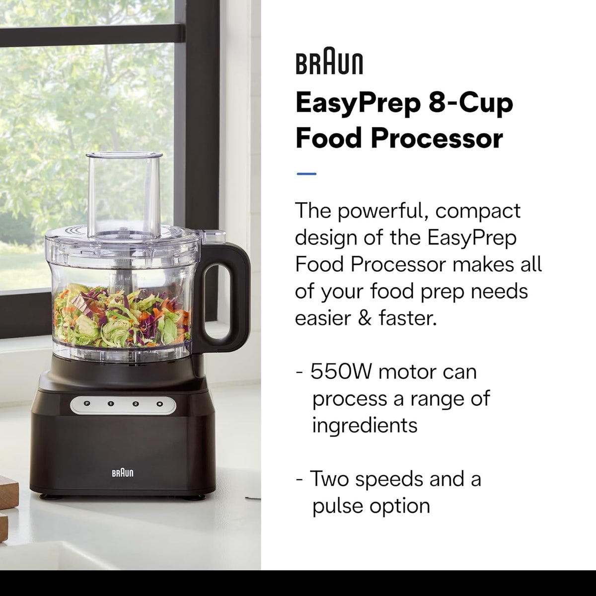 Braun Easy Prep 8-cup food processor with clear bowl and black handle base, front view