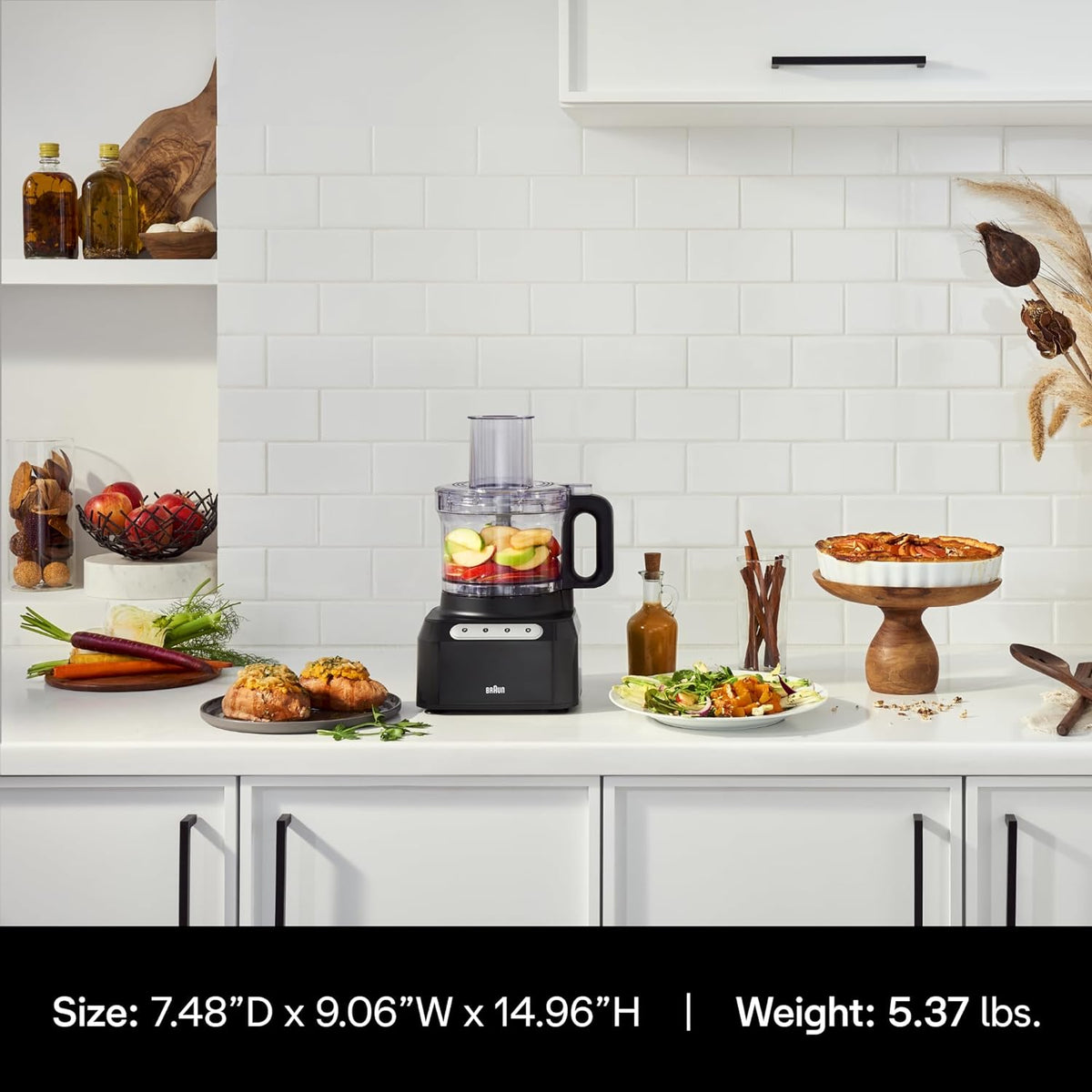 Braun Easy Prep 8-cup food processor on kitchen counter with ingredients surrounding it