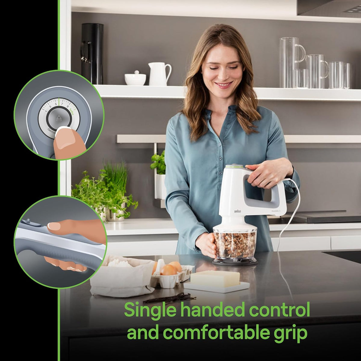 White hand mixer held in one hand, with control dial and grip visible