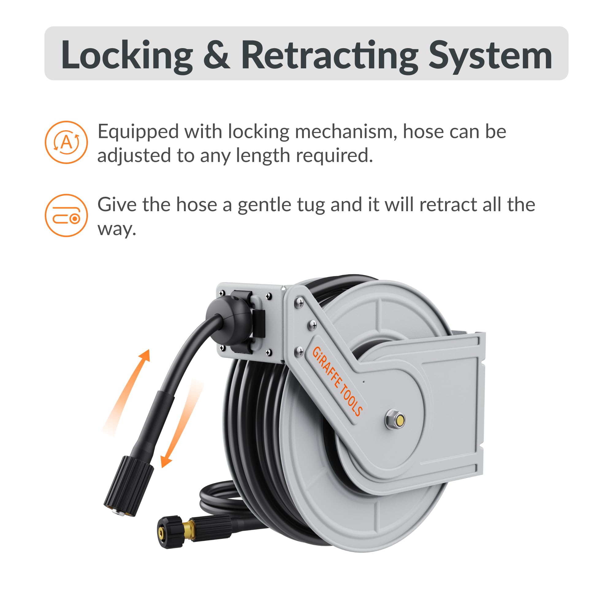 Retractable pressure hose reel with locking and retracting mechanism, gray housing and black hose