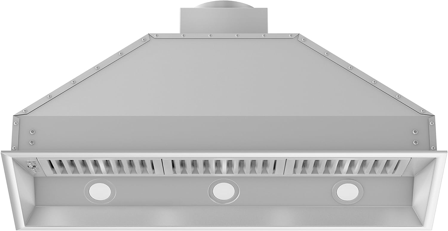 Stainless steel range hood insert underside with vent slots and three round openings