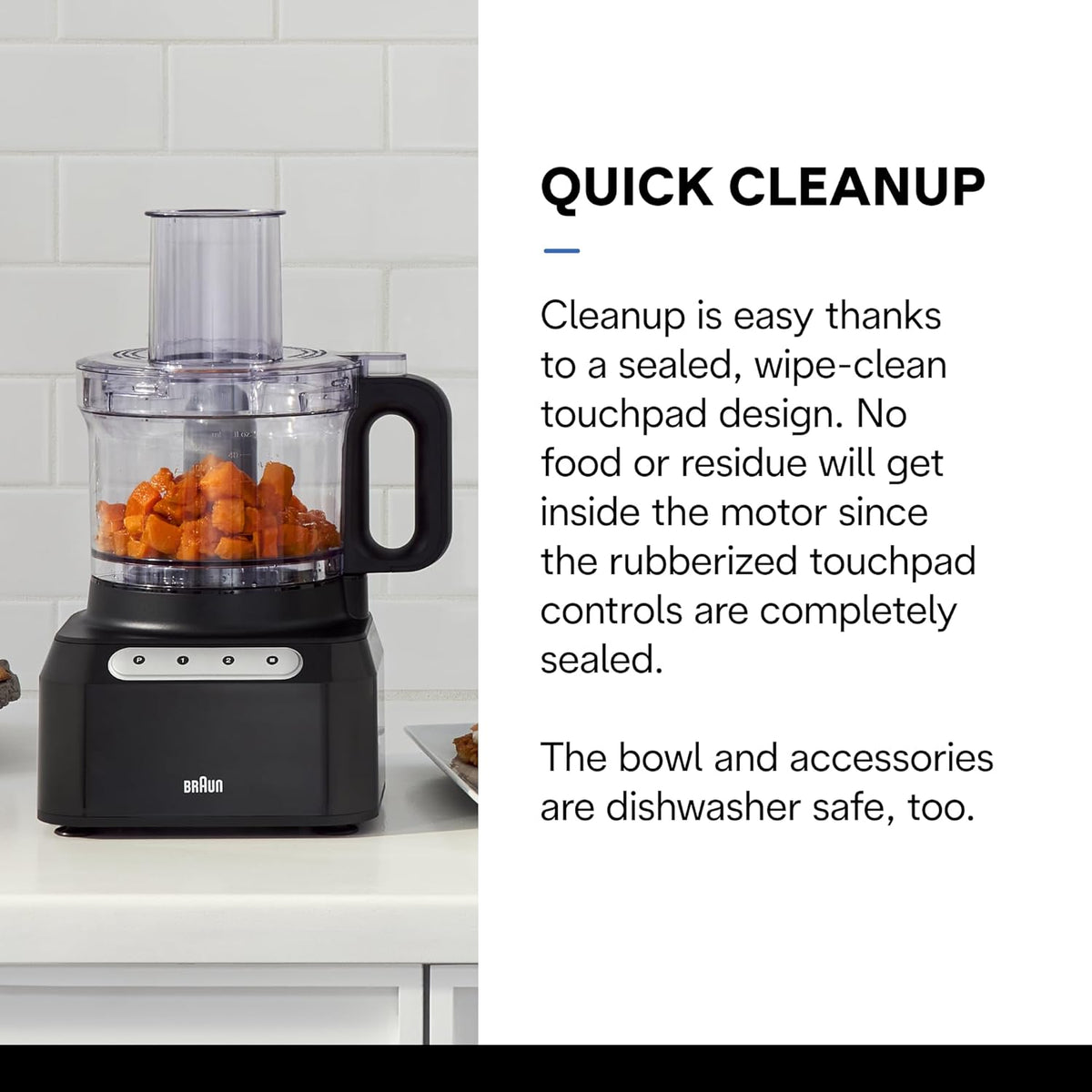 Braun Easy Prep food processor with sealed wipe-clean touchpad controls on black base