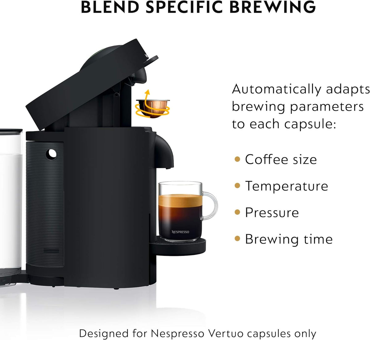 Black Nespresso VertuoPlus coffee machine with automatic capsule brewing