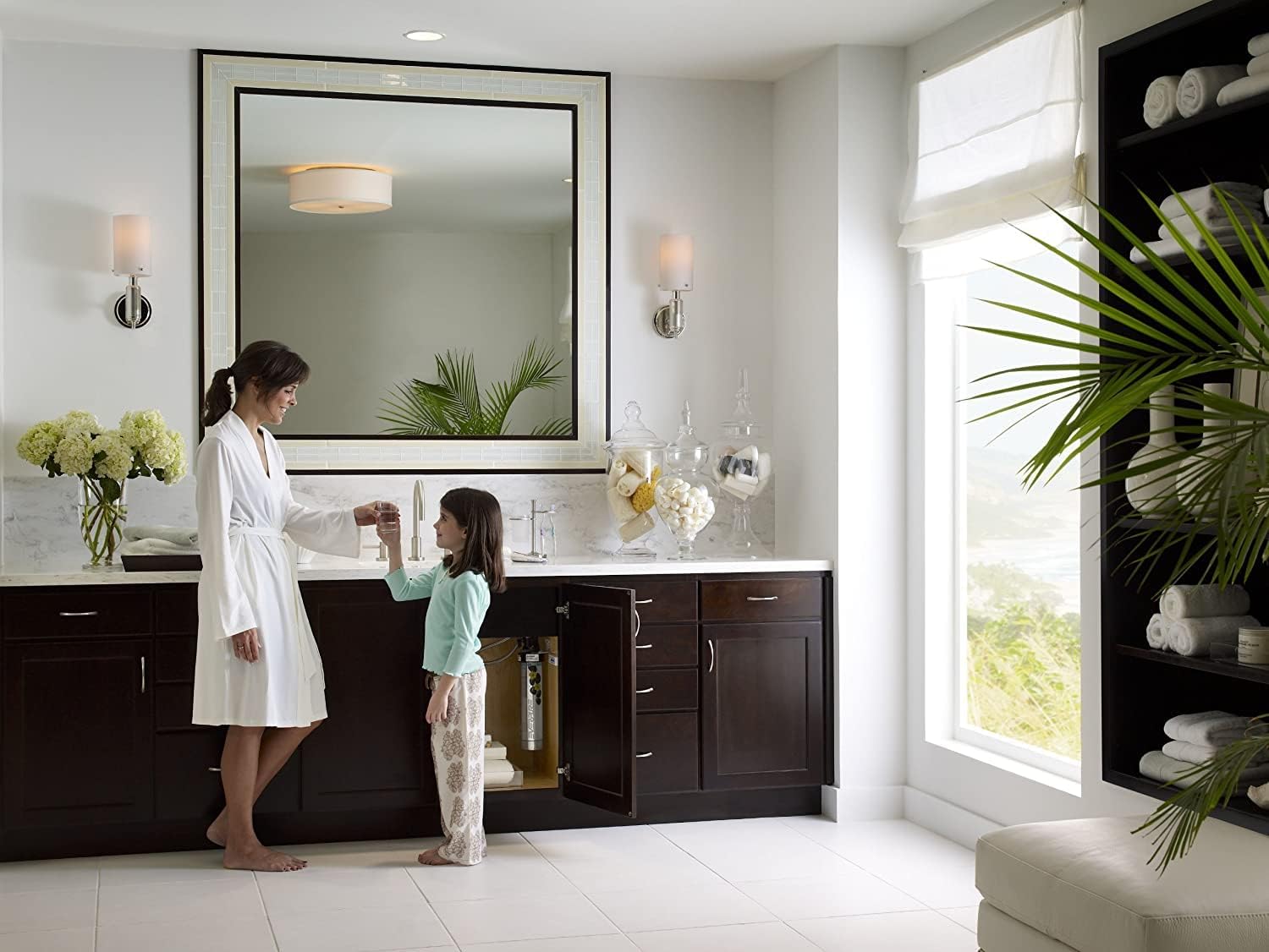 Bathroom drinking water faucet with filtration canister under sink
