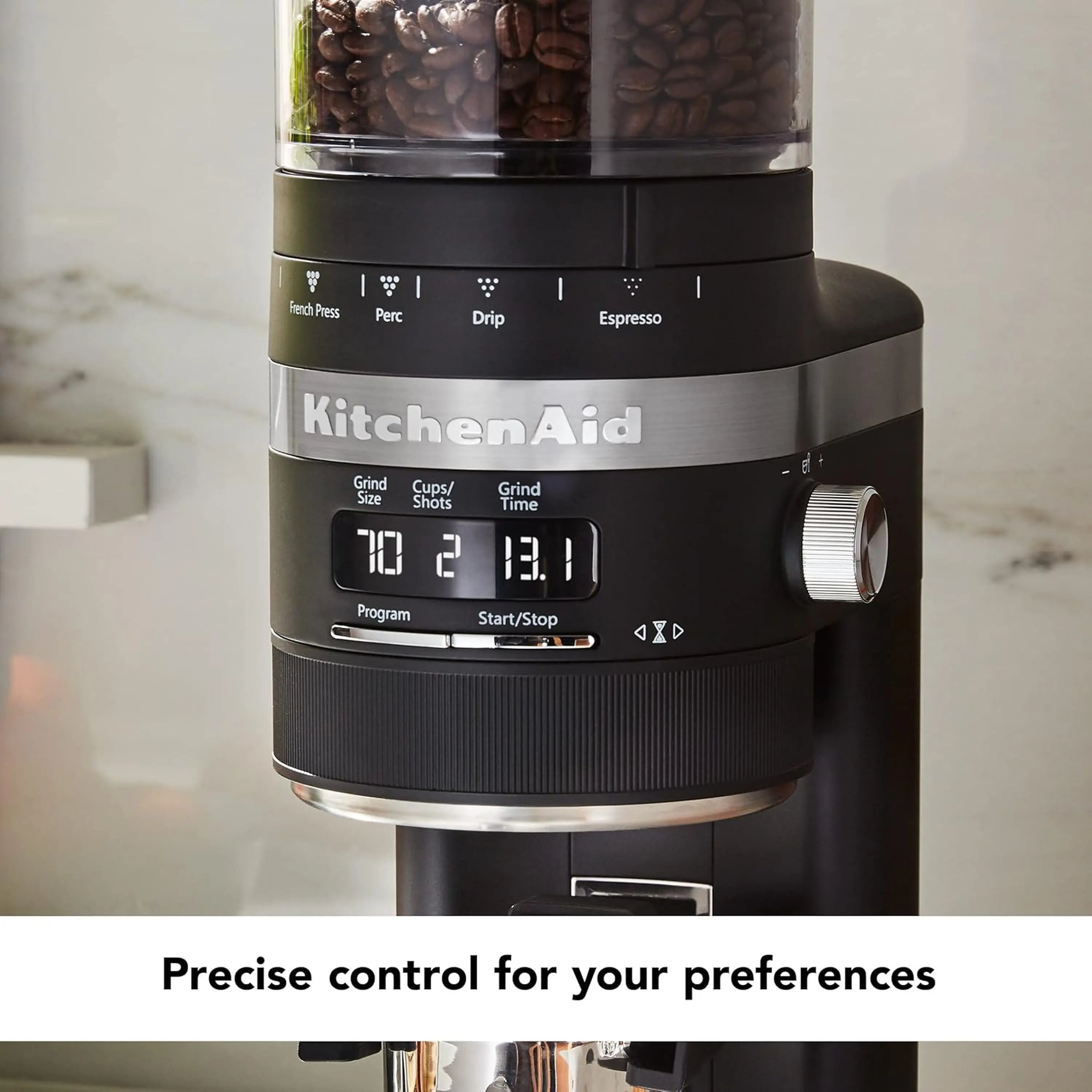 Black matte burr coffee grinder with clear bean hopper, display screen, and side control knob