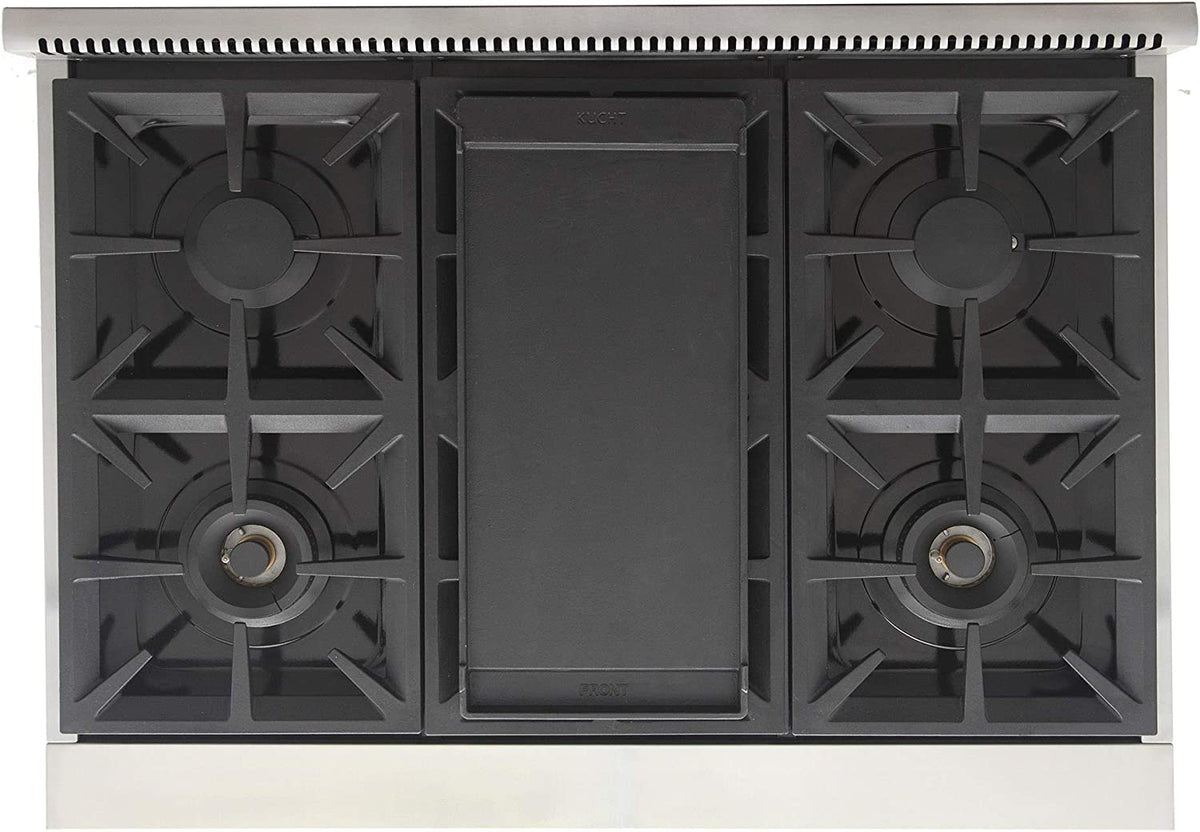 36-inch propane gas range cooktop with black grates and center panel
