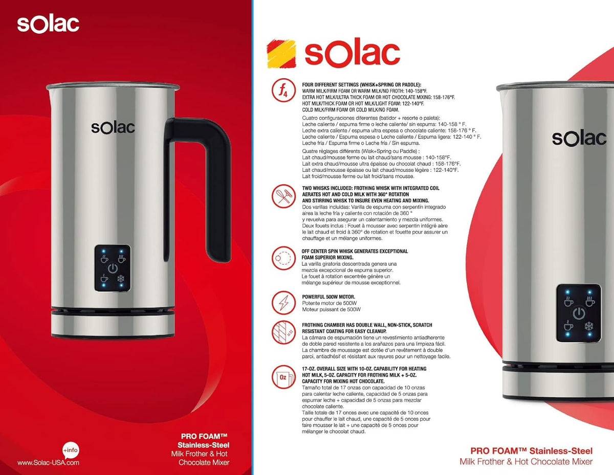 Stainless steel milk frother with black handle and digital touch control panel