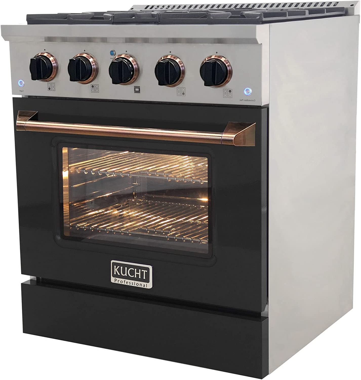 Black Kucht propane gas range with convection oven, gold handle, black knobs; oven window