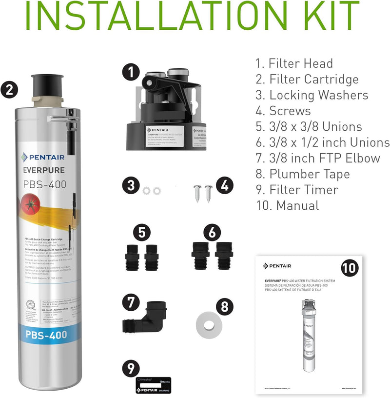 Pentair Everpure PBS-400 Drinking Water System, Ideal for use in Prep Sink and Wet Bar, Includes Filter Head, Filter Cartridge, All Hardware and Connectors (EV927085)