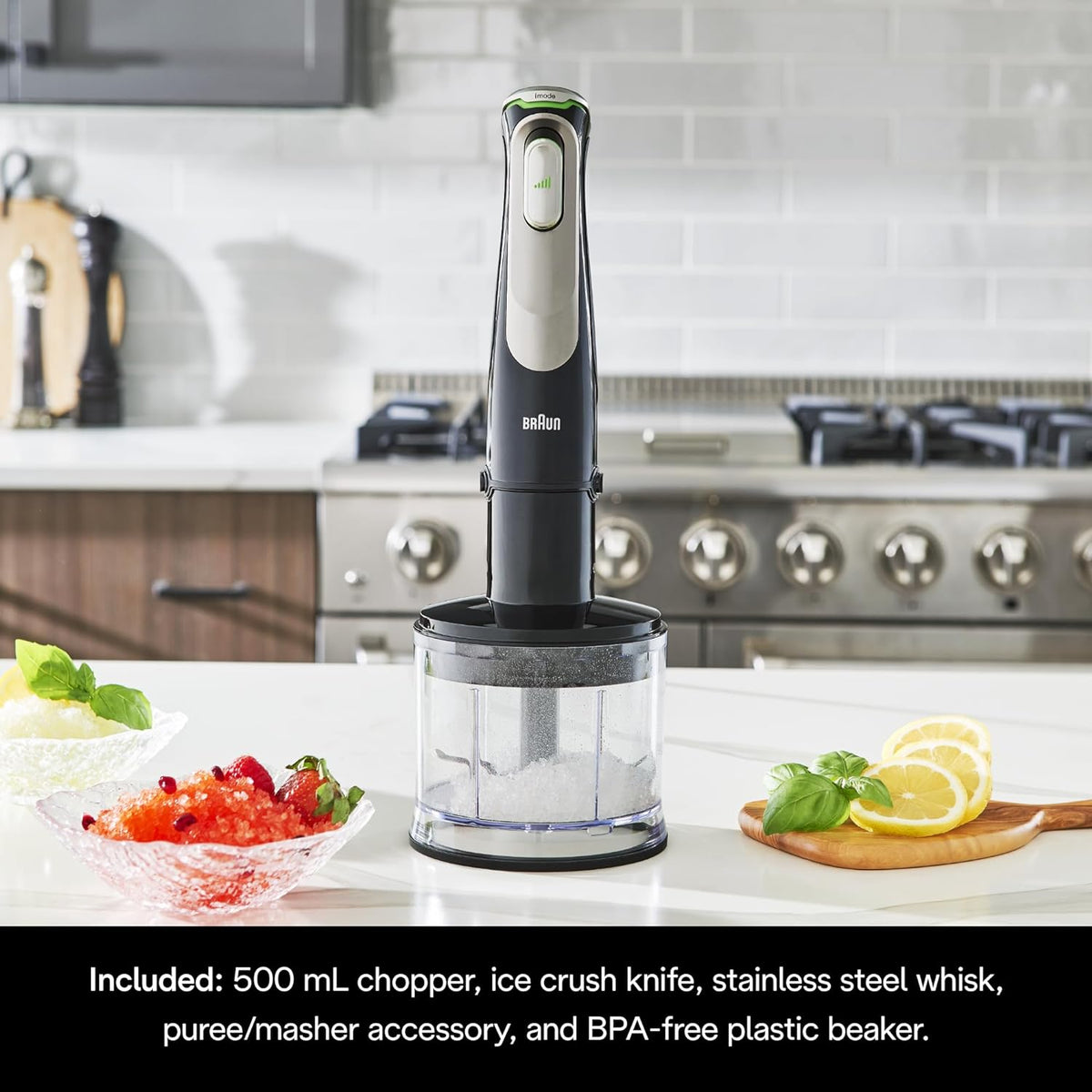 Braun Multiquick 9 SmartSpeed hand blender with whisk and chopper attachment base