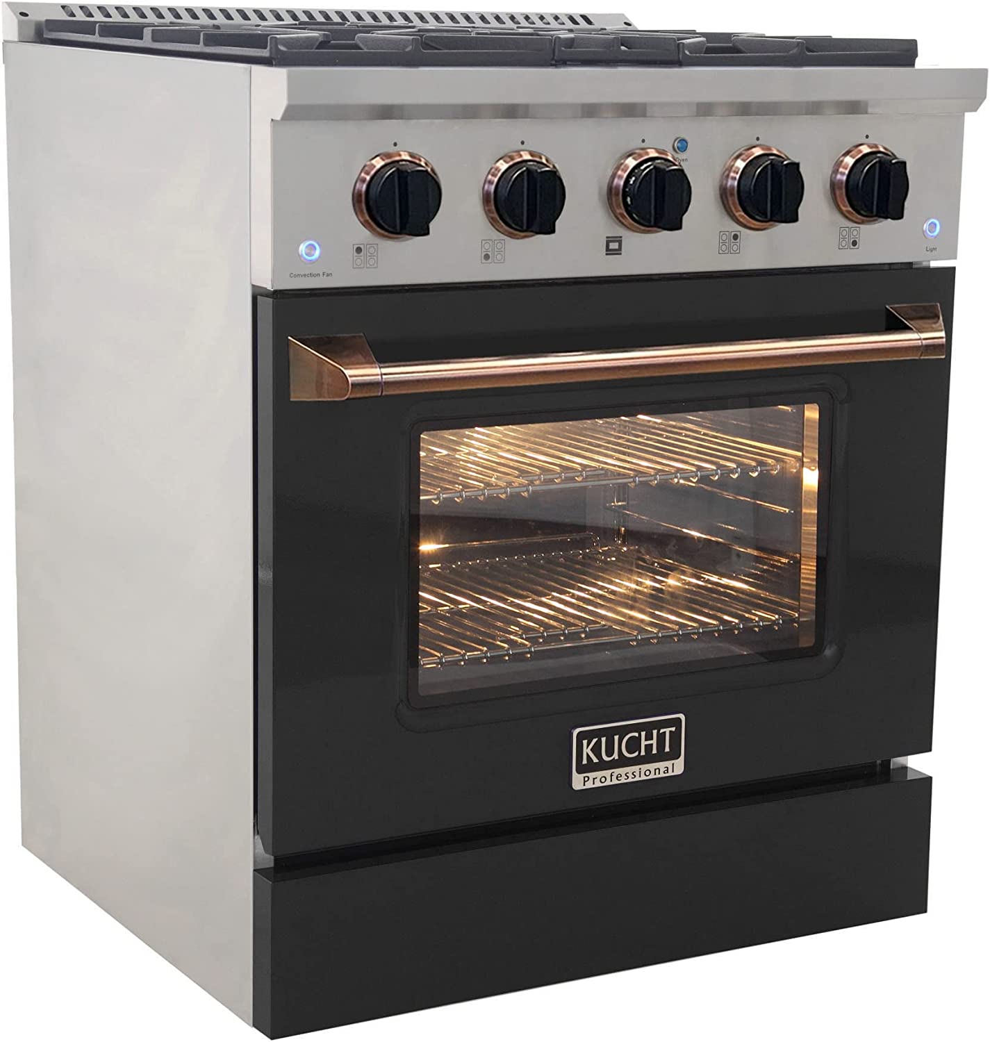 Black Kucht propane gas range with convection oven, gold handle, black knobs and oven window
