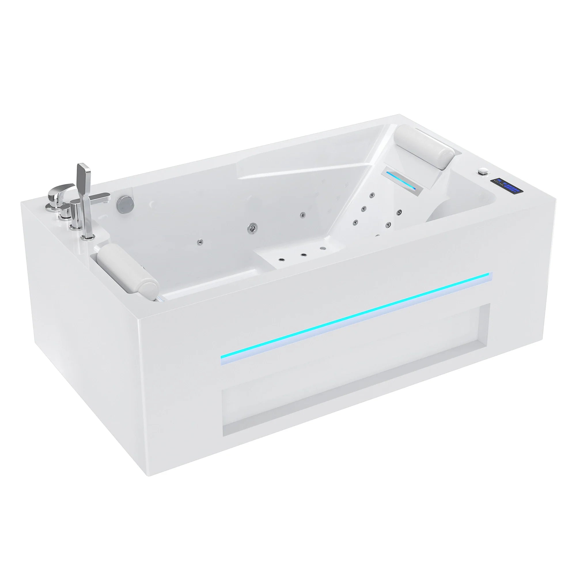 White alcove massage bathtub with built-in seats and blue LED light strip