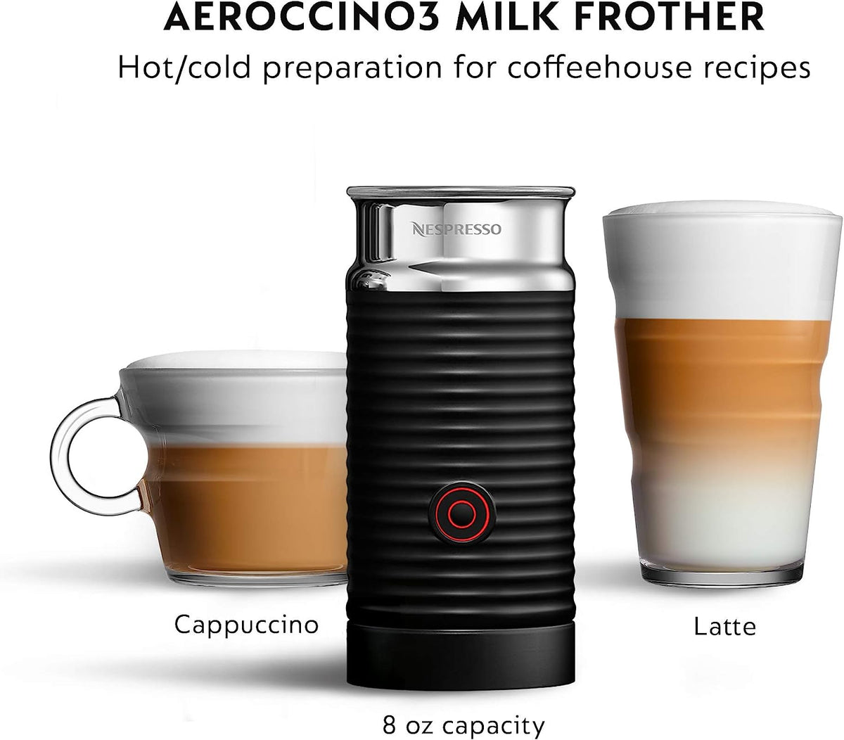 Black Aeroccino milk frother with frothing cups for cappuccino and latte